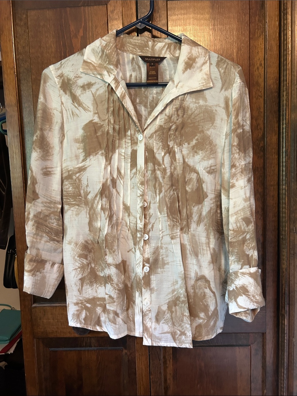Multiples Light Brown and Cream Pintuck Button-Up Blouse